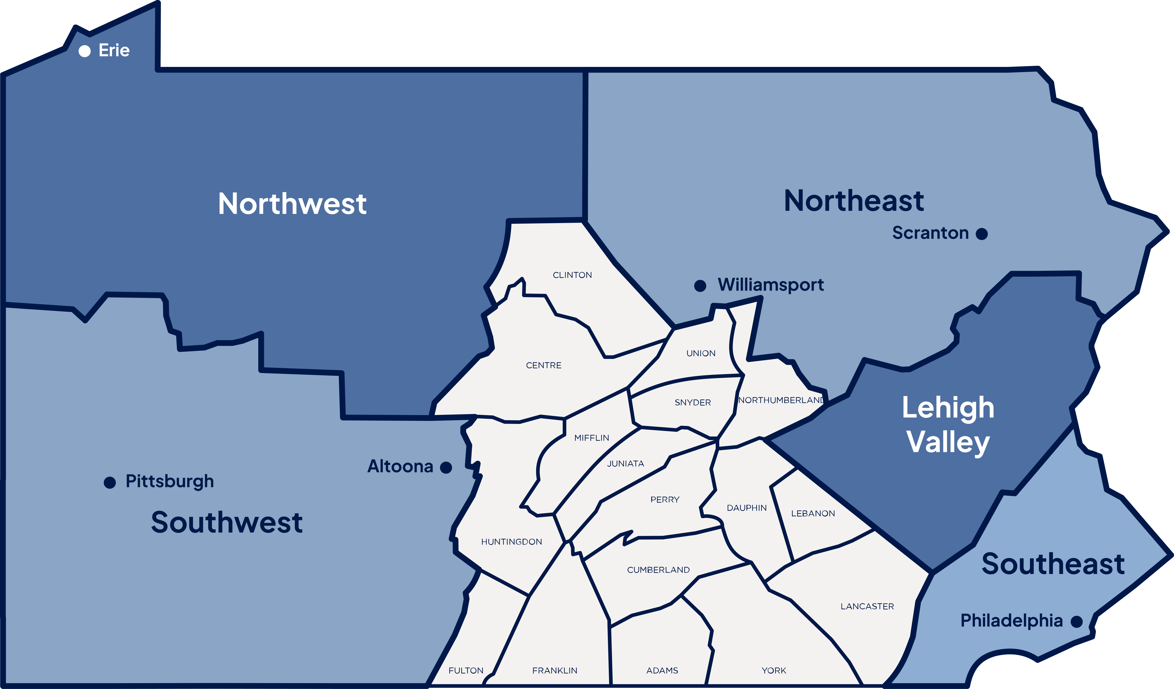 Map of Central Region of Pennsylvania, depicting counties within