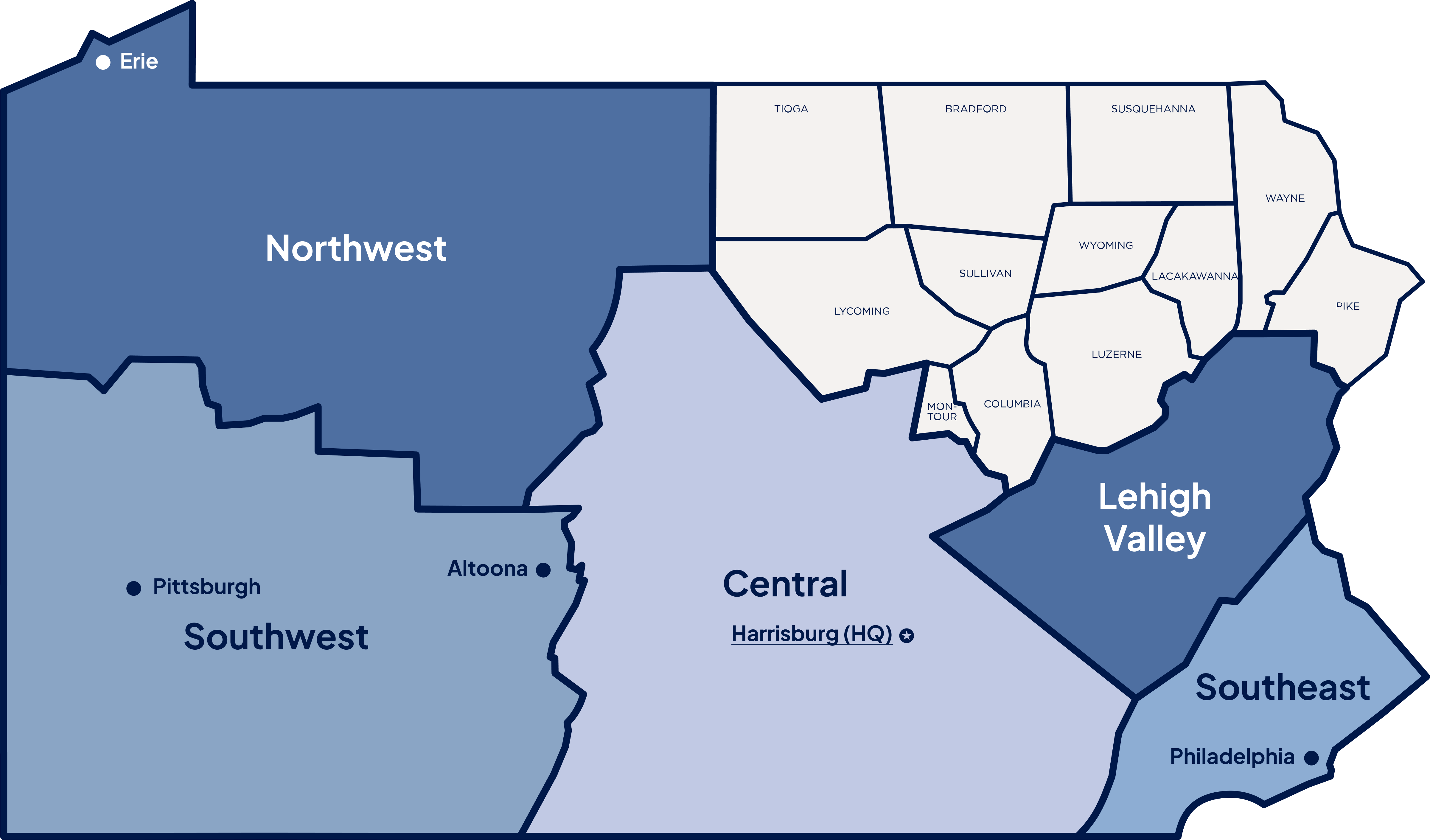Map of Northeast Region of Pennsylvania, depicting counties within