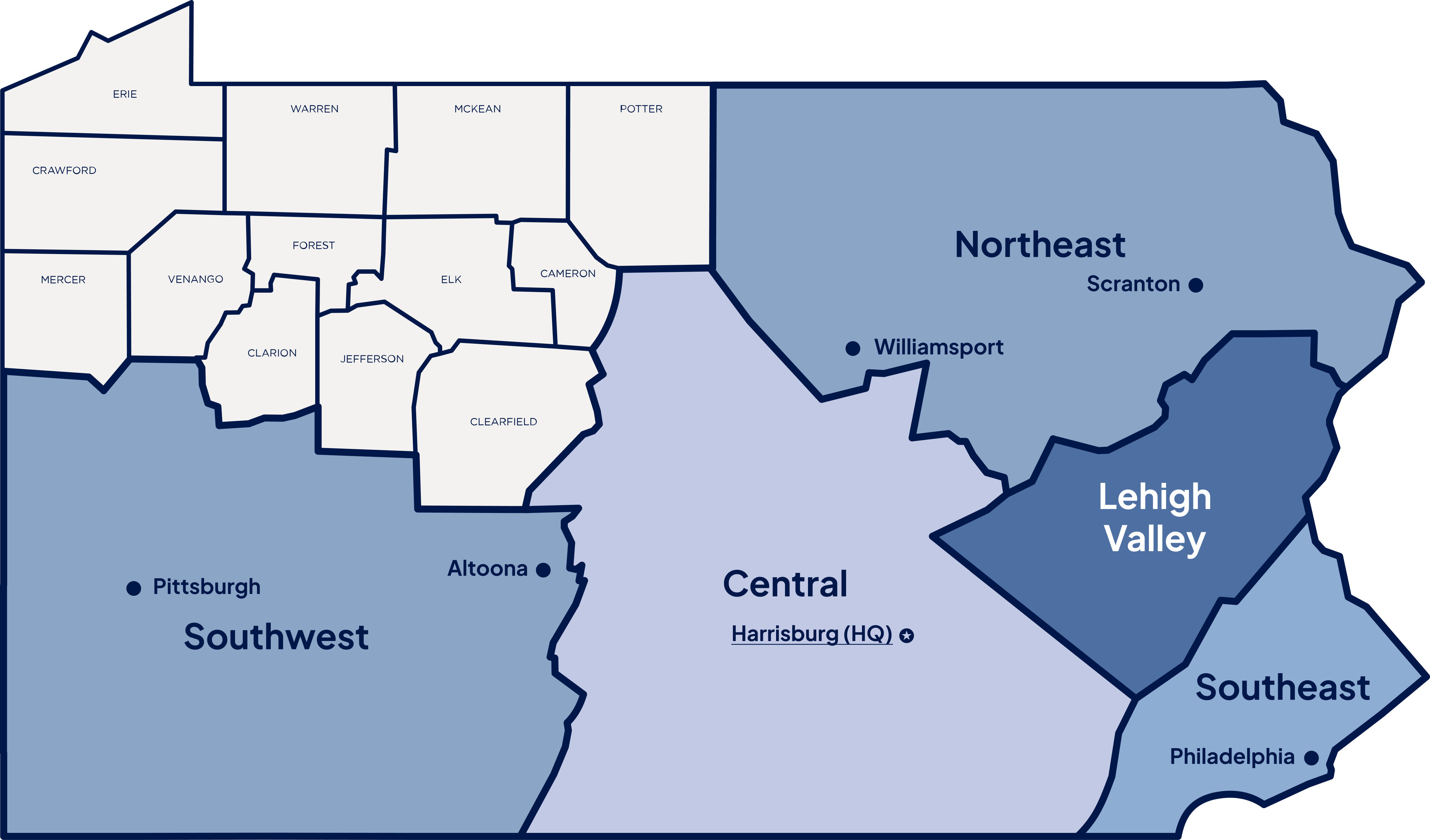 Map of Northwest Region of Pennsylvania, depicting counties within