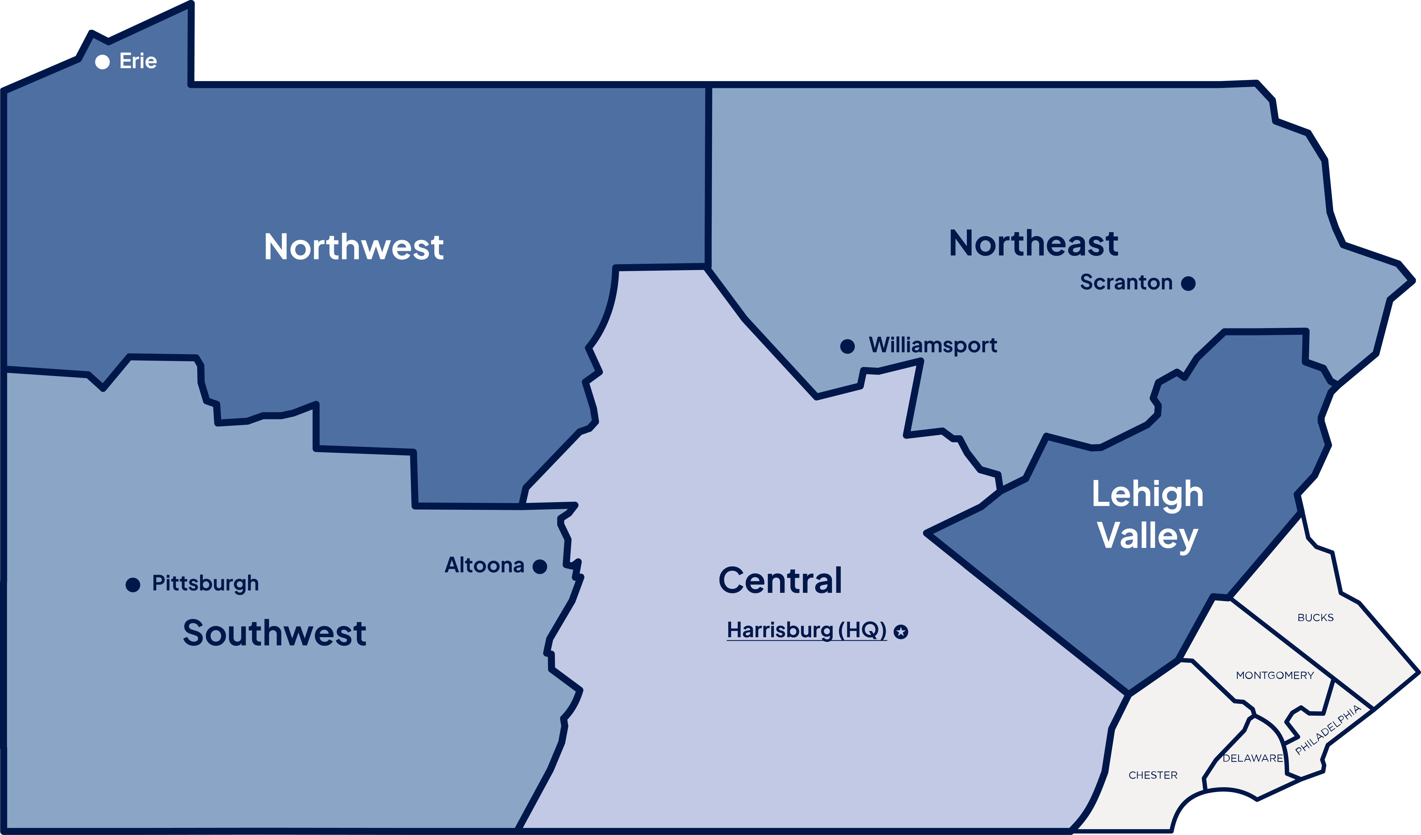 Map of Southeast Region of Pennsylvania, depicting counties within