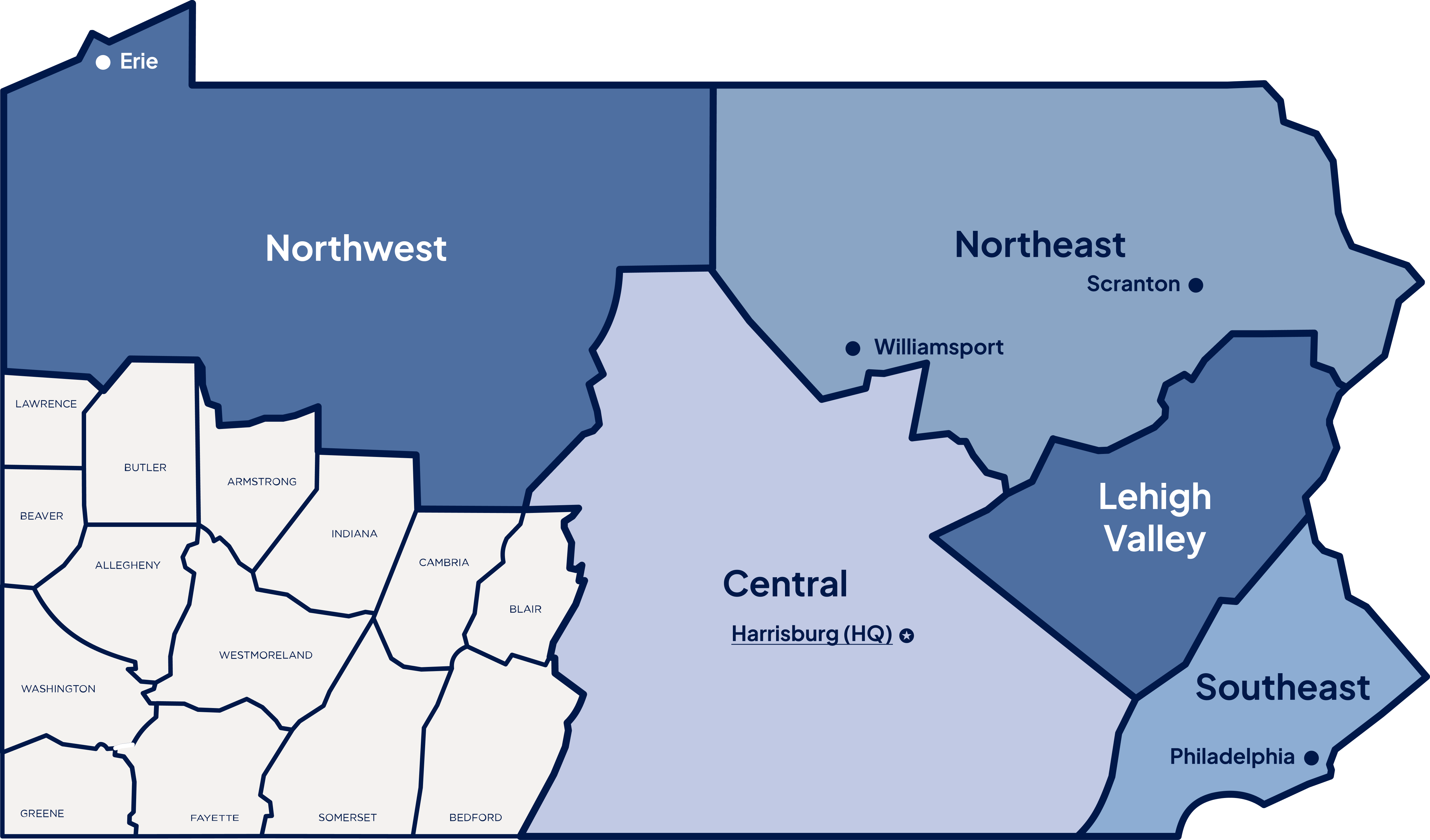Map of Southwest Region of Pennsylvania, depicting counties within